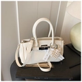 Elegant cream white square handbag with pearl heart charm and lace bow on books - Off White