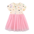 Short sleeve girls tulle dress in cream with colorful polka dots and pink mesh skirt - Colorful Polka Dot Pink Mesh Patchwork (1602) / 2Y(90cm)