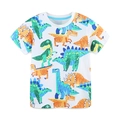 Camiseta blanca de algodón para niño con coloridos estampados de dinosaurios y cuello azul - 2Y(90cm) / Estampado de Dinosaurio de Dibujos Animados Blanco (5427)