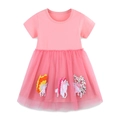 Pink short sleeve girls princess dress featuring mesh tutu skirt and unicorn embroidery - Pink / 2Y(90cm)
