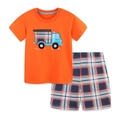 Ensemble garçon t-shirt orange en coton avec broderie camion et short à carreaux - 2Y(90cm) / Ensemble Camion Orange (2286)