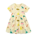 Short sleeve light yellow girls dress with colorful cartoon dinosaur and rainbow prints - 2Y(90cm) / Pale Yellow Cartoon Print (1608)