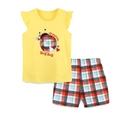 Girls summer set with yellow ruffle sleeveless top and red plaid shorts two-piece outfit - 2Y(90cm) / Yellow (2281)