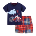 Ensemble d'été garçon t-shirt bleu marine dinosaure et short à carreaux rouges - 2Y (Pour Hauteur 90cm) / Imprimé Dinosaure Bleu Foncé Avec Carreaux Rouge et Bleu (2282)