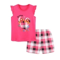 Meisjes zomersset met felroze top met ruches en een geruite korte broek - 2Y(90cm) / Roze Rood Geborduurde Top met Geruite Shorts (2278)