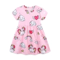 Rosa kurzärmeliges Mädchenkleid mit Einhorn- und Regenbogen-Cartoon-Prints aus Baumwolle - Rosa / 3Y(90cm)