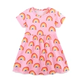 Roze meisjesjurk met korte mouwen, een vrolijke regenboogprint en een geplooide taille - 3Y(90cm) / Roze