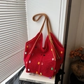 Red knit crochet tote bag with colorful sequins and brown leather shoulder straps - Red