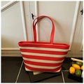 Large red and white striped woven tote bag with slim shoulder straps for summer beach use - Red and White Striped