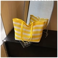 Yellow and white striped woven tote bag with premium leather handles for beach vacation - Yellow White Stripes