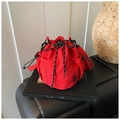 Japanese style red canvas bucket bag with adjustable strap and drawstring closure - Red