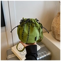 Japanese style green nylon drawstring bucket bag with mesh side pocket and crossbody strap - Fruit Green