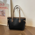 Large capacity black pebble leather tote bag with brown straps and gold ring hardware - Black