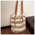 Striped woven shoulder bag with multicolored pearl beads and brown leather straps - Khaki