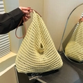 Pale yellow woven tote bag with large hollow knit design and brown leather strap - Green
