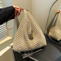 Borsa tote beige traforata intrecciata con cinturino in pelle marrone per estate - Cachi