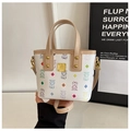 White mini square crossbody bag with colorful bear prints and gold rivet details - White