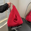 Large red hollow crochet tote bag with brown leather handles for summer beach vacation - Red