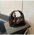 Dark brown oil wax leather crossbody bag with vintage texture and gold buckle detail - With Pendant / Brown