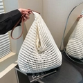 Borsa tote in crochet bianca con manici in pelle marrone per vacanze estive - Bianco Sporco
