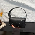 Retro black lychee grain leather pillow bag with silver rivets and wide handle - Black