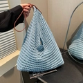 Light blue crochet tote bag with brown leather straps and mesh pattern for summer beach - Blue
