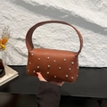 Brown lychee texture handbag with silver metal studs and wide shoulder strap - Brown