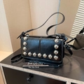 Classic black glossy leather punk style handbag with silver rivets and adjustable strap - Black