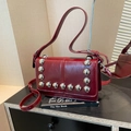 Punk style burgundy leather crossbody bag with silver stud rivets for women - Burgundy