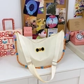 Borsa a mezzaluna in nylon crema con ricamo di cane cartone animato e cordino intrecciato - Bianco