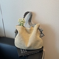 Grand sac cabas en paille beige avec poignées rayées noires et blanches pour les vacances - Blanc Cassé