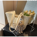 Handwoven straw tote bag in beige and wood colors with evil eye tassel charm decoration - Rice White Small