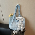 Sac fourre-tout en tricot bleu clair avec nœud décoratif en dentelle blanche et maille - Rose bonbon