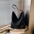 Large capacity black canvas tote bag with adjustable brown leather shoulder strap - Black