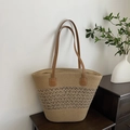 Minimalist straw tote bag with hollow woven patterns and brown leather shoulder straps - Khaki