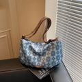 Sac fourre-tout floral bleu et blanc en toile avec bandoulières marron et logo en suédine - Bleu clair