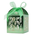 Metallic green laser cut gift box with leaf patterns and a matching satin ribbon bow - Reflective Green