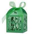 Green laser-cut paper gift box with leaf patterns and elegant matching sheer ribbon bow - Dark Green