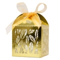 Golden laser cut hollow gift box with leaf patterns and ribbon bow on white background - Reflective Gold