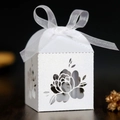 Elegant white laser-cut wedding favor box with pearl paper texture and organza ribbon - 5*5cm / No Tag Remark Color