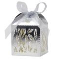 Mirror silver laser cut gift box with leaf patterns and white organza ribbon bow - Reflective Silver