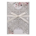 Silver glitter laser cut wedding invitation with white ribbon and floral insert - Silver