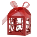 Close-up of red laser-cut candy box with film roll pattern and organza ribbon bow - Pearlescent Red