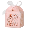 Detail of pink laser-cut gift box with leaf patterns and elegant organza ribbon bow - Pink