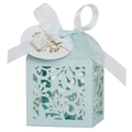 Dettaglio scatola regalo traforata al laser con foglie, nastro bianco e targhetta di ringraziamento - Con etichetta / 5x5x8CM / Blu Chiaro Perlato