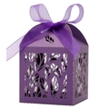 Elegant purple hollow leaf laser-cut paper gift box with matching silk ribbon bow - Dark Purple