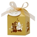 Detail of laser-cut floral wedding candy box with golden organza ribbon and gift tag - 5*5cm / Gold