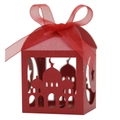 Detail of red laser-cut candy box with mosque silhouette, crescent and ribbon - 5*5cm / Pearlescent Red