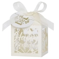 Detail of white laser-cut Happy Birthday favor box with ribbon and thank you tag - 5*5cm / Ivory