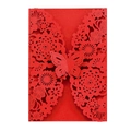 Elegant red laser-cut wedding invitation cover with intricate floral patterns and butterfly clasp - Pearlescent Red